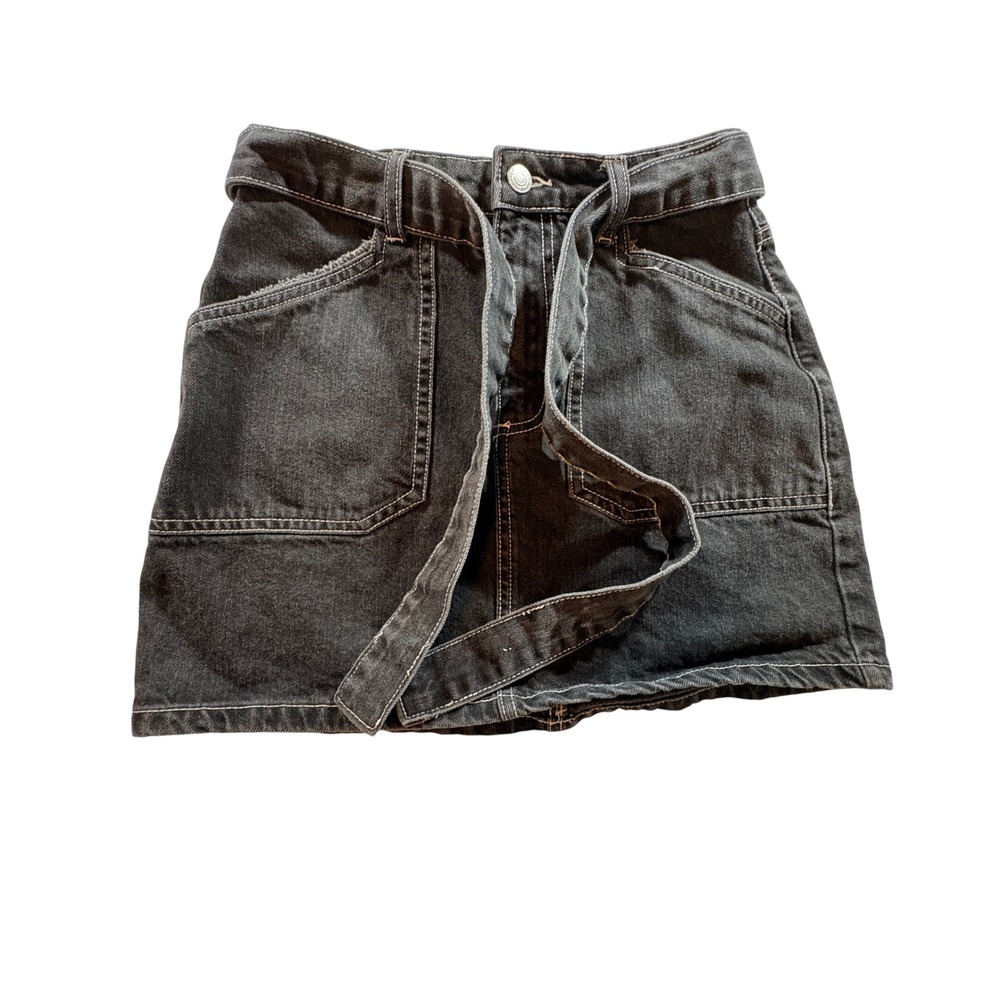 Forever 21 Denim Mini Skirt Womens Small Black High Waisted Tie Belt Utility
